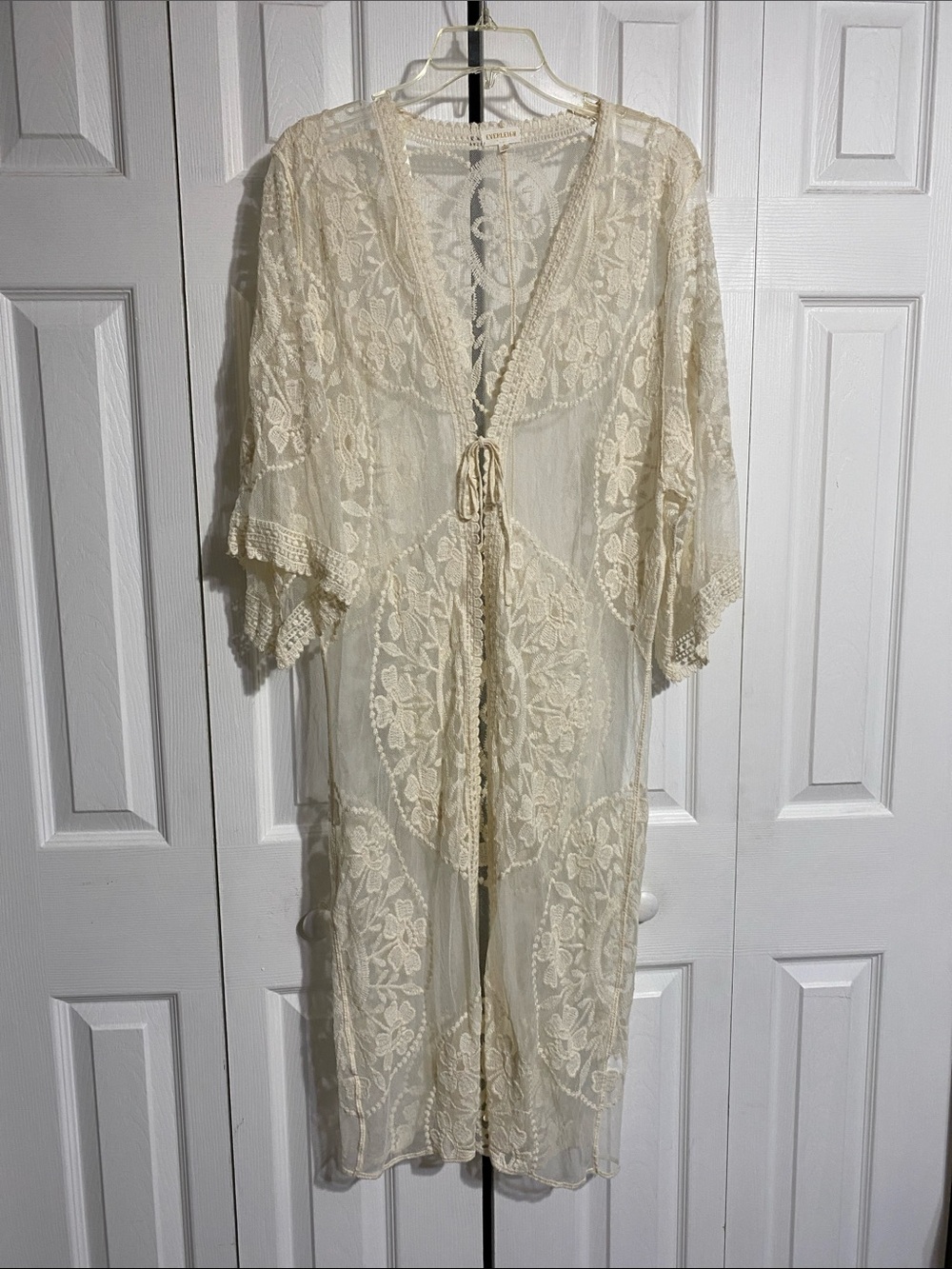 Everleigh long sheer embroidered lace cardigan cover-up jacket top size MEDIUM